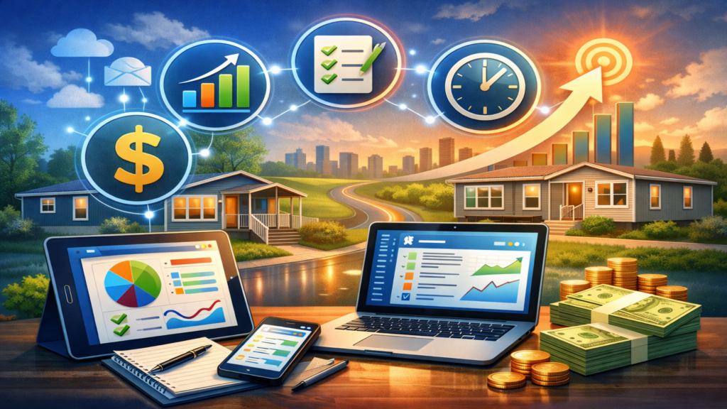 Graphic showind icons of a computers and graphs above the backdrop of a road that leads to a city