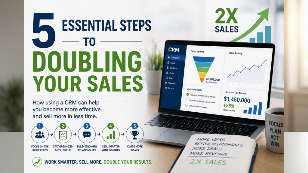 An infographic saying Five essential Steps to Doubling Your Sales.