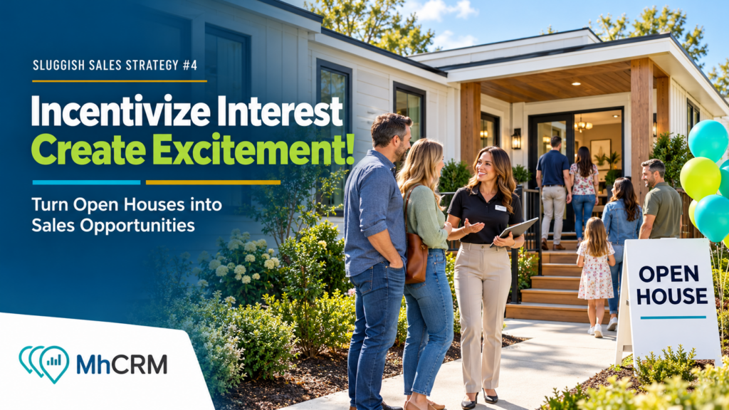 Homebuyers meet a sales representative outside a model home at an open house. MhCRM graphic: "Sluggish Sales Strategy #4: Incentivize Interest, Create Excitement! Turn Open Houses into Sales Opportunities."